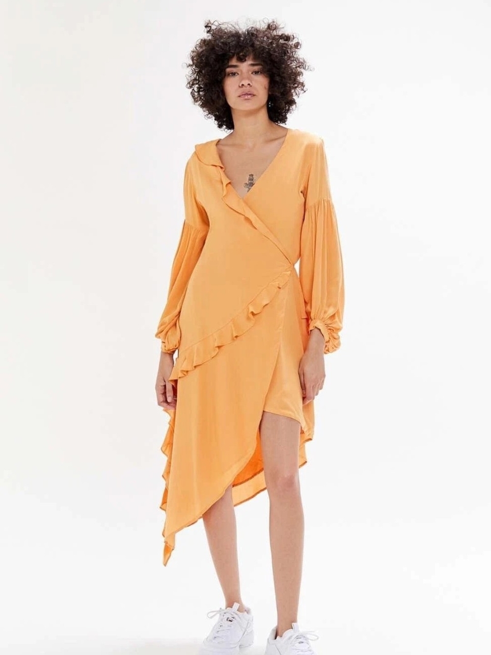 Capulet Asymmetrical Ruffle Wrap Dress in Mustard Yellow